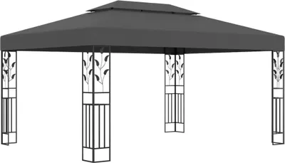 A dark gray gazebo with decorative black metal posts, presented against a white background.