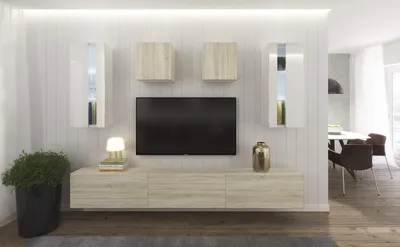 Produktbild von Furnitech Wohnwand Wohnzimmer - Hängend Wohnwand Modern - Regale und TV Schrank - Wohnzimmer Möbel ohne LED (AN291-17WS-HGM43 1A Klein)