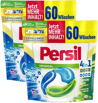 Produktbild von Persil Universal 4in1 DISCS, 120 (2 x 60 Waschladungen), Vollwaschmittel mit Tiefenrein-Plus Technologie bekämpft hartnäckige Flecken, 92% biologisch abbaubare Inhaltsstoffe*