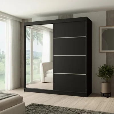 Produktbild von Schiebtürenschrank PACO 200 cm - Kleiderschrank inkl. 2 Schiebtüren Schrank mit Spiegel & Kleiderstange, Farbe: Schwarz