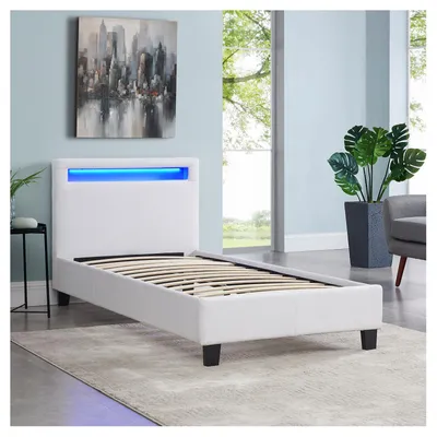 Produktbild von Polsterbett MANDALAY mit LED Beleuchtung Einzelbett Lederbett 90 x 200 cm mit Lattenrahmen, Kunstleder in weiß