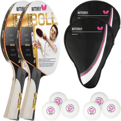 Produktbild von Butterfly 2x Timo Boll Gold 85020 Tischtennisschläger + 2x Tischtennishülle Drive Case + 6x 40+ 3*** Bälle