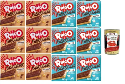 Produktbild von Pavesi Ringo Bisco Cioc Testpaket, Keks mit Milchfüllung und Schokoladenüberzug für einen süßen und leckeren Snack für zwischendurch, 12x 162g + Italian Gourmet polpa 400g