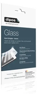Produktbild von 4x Schutzfolie für Apple iPhone 17 Pro mit Kameraschutz - Anti-Shock 9H Folie dipos Glass Kunststoffglas (2x Displayschutz + 2x Kameraschutz)