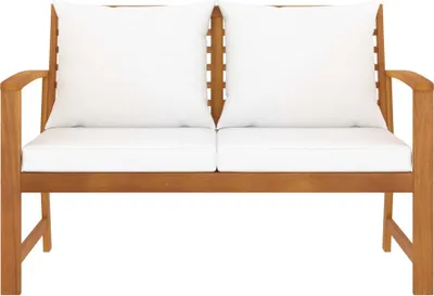 A wooden garden bench with white cushions, presented against a white background.