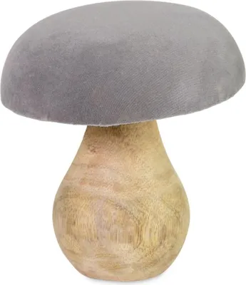Produktbild von Deko-Pilz aus Mangoholz mit grauem Samthut 8×10 cm