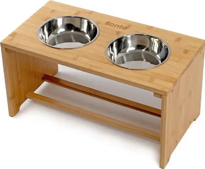 Produktbild von lionto Hundefutterstation, stilvolle Bambus-Futterbar mit rutschfesten Füßen & 2 Edelstahlnäpfen, 50x26x26 cm