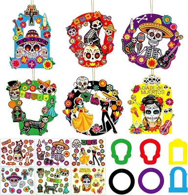 Productafbeelding van 12 Pack Day of the Dead Art Craft Kits, DIY Dia De Los Muertos hangende ornamenten met lint en suiker schedel papieren kaart decoratie voor Halloween