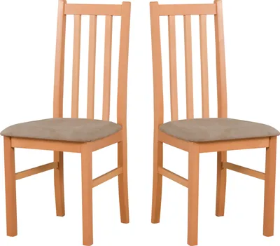 Two wooden dining chairs with beige upholstered seats are shown against a white background.