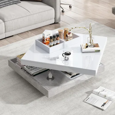 Image de OKWISH Table Basse Pivotante 360° avec Compartiments de Rangement, Haute Brillance, Panneau de Particules, Blanc