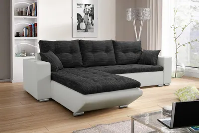 Produktbild von Ecksofa Sofa NINO mit Schlaffunktion Weiss-Schwarz Ottomane Links