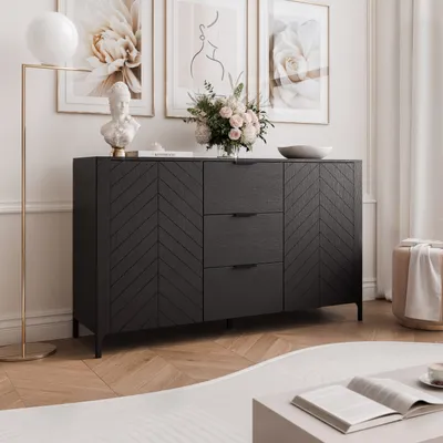 Image de IDOHOME - Commode à deux portes LORIEN 153 cm avec 3 tiroirs, buffet, meuble d'appoint, meuble de rangement, motif à chevrons, fermeture en douceur, noir