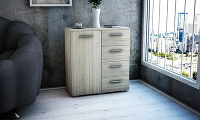Produktbild von MATKAM Kommode Helena B80 x H84,5 x T35 cm, Sideboard mit 4 Schubladen und 1 Fächer mit Türen, ideal für Büro, Diele, Wohnzimmer (Sonoma Eiche)