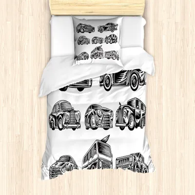 Produktbild von ABAKUHAUS Vintage Trucks Bettbezug Set für Einzelbetten, Retro Classic Cars, Milbensicher Allergiker geeignet mit Kissenbezug, 135 cm x 200 cm - 80 x 80 cm, Charcoal Grau und Weiß