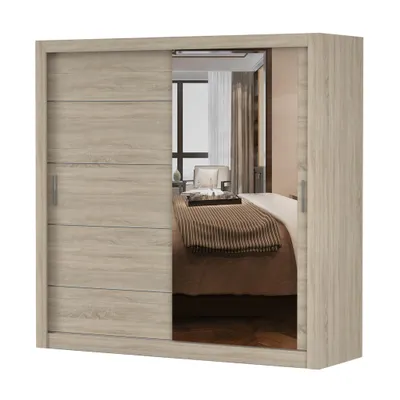 Produktbild von Schwebetürenschrank LION, Schlafzimmer, Kleiderschrank Schrank 203 cm Sonoma Eiche/Sonoma Eiche mit Spiegel, alufarbene PVC-Griffe