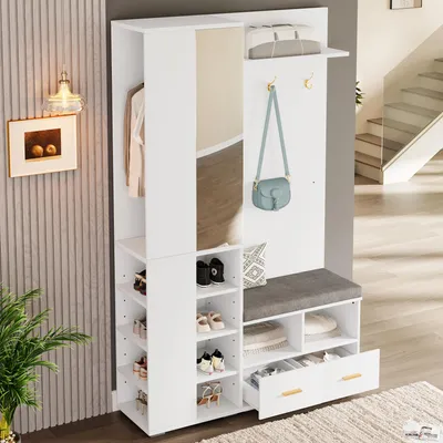 Produktbild von Garderobenset als Wandgarderobe mit Spiegel, Flurschrank, Kleiderstange, Schuhbank, durchbrochenem Regal, 3 Haken, 2 Schubladen und Ablagefach, Weiß