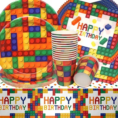 Productafbeelding van Decoratie voor verjaardagsfeestjes - Building Block Party Servies - Borden blokken - Kopjes - Servetten - Tafelkleden voor kinderen - 16 porties