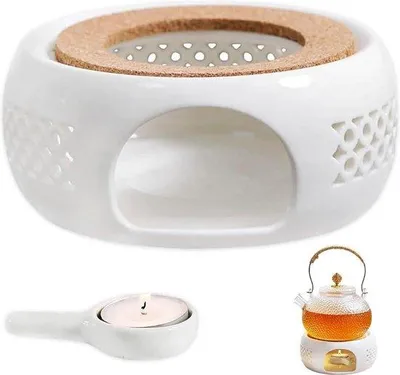 Immagine prodotto di Scaldatè in Vetroceramica con tappo in sughero e cucchiaino - porcellana - scaldatè bianco - ideale per tè e caffè.