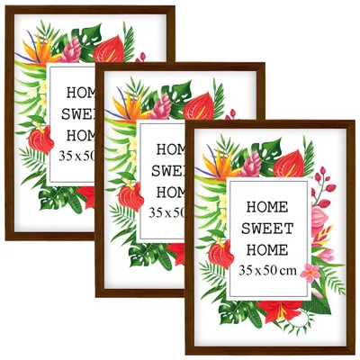 Produktbild von MG Design Set aus 3 Braun Bilderrahmen 35 x 50 cm - Aus echtem Holz mit Acrylglas, zum Aufhängen & Aufstellen, für Fotos, Poster & Puzzle