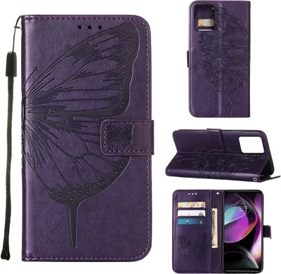 Produktbild von Lederhülle für Motorola Moto G (2023) Schmetterling Prägung Flip Ledertasche Kartenfächer Handyhülle mit Ständer Lila