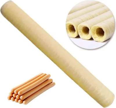 A long, beige casing for sausages, with a close-up inset showing multiple casings and a pile of finished sausages.