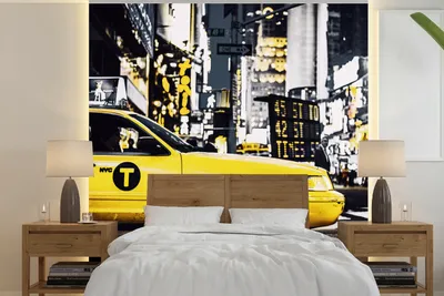 Produktbild von MuchoWow® Fototapete für Wohnzimmer oder Schlafzimmer Wandtapete Vinyl Motivtapete New York - Gelb - Taxi - 300x300 cm - Wanddekoration