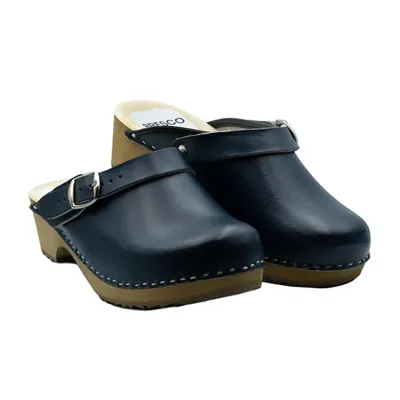 Produktbild von Damen Holzclogs aus Echtleder Dunkelblau – Bequeme Holzpantoletten mit verstellbarem Riemen 39