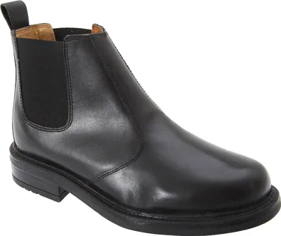 A black leather Chelsea boot is shown against a white background.