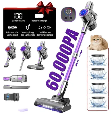 Immagine prodotto di Aspirapolvere senza fili leggero, potenza di aspirazione 60.000 Pa, motore da 400 W, filtro HEPA, autonomia della batteria 30-59 min