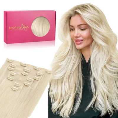 Produktbild von Nahtlose Clip In Extensions Echthaar 35cm 130g Platinblond 9tlg. Remy PolyurethanClip-In Haarverlängerung