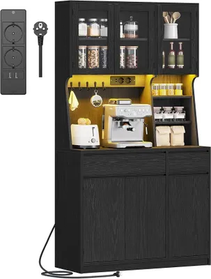Produktbild von küchenschrank, Buffetschrank, Hochschrank mit Steckdosen und Led-Lichtleisten, mit Arbeitsplatten und Zwei Schubladen, Verstellbare Einlegeböden, Küche, 40 x 100 x 180 cm, Schwarz PT00104XEU