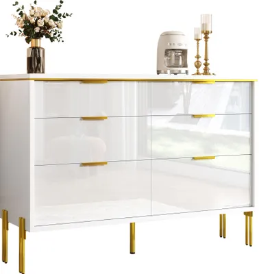 Produktbild von Sideboard - Weiß/Gold - 6 Schubladen & Hochglanz - großer Stauraum
