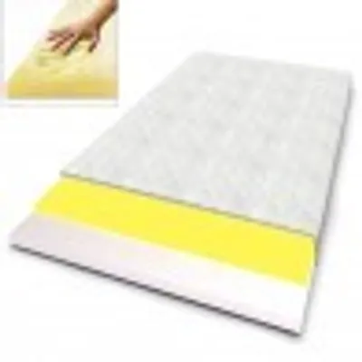 A layered mattress topper is shown with a hand pressing into the foam.