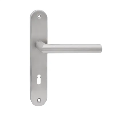Produktbild von DOMINO Türgriff 72 Drückergarnitur BB-Buntbart Set | Langschildgarnitur | Türklinke für Zimmertür, Bürotür, Kellertür & Innentür | L-Form | Türbeschläge aus Edelstahl | Silber Türdrückergarnitur | STELLA INX