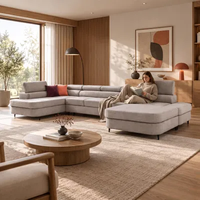 Produktbild von MUFFO Ecksofa U-Form PRIAM MAXI U Links mit Schlaffunktion 125x317 Velours Beige