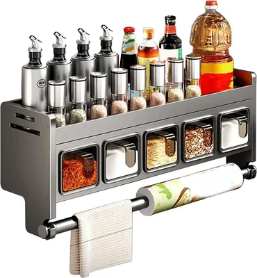 Produktbild von Gewürzregal Küchenregal, Wandorganizer, ohne Bohren, hängendes Gewürzregal aus Edelstahl mit Küchenrollenhalter und 4-5 Gewürzboxen, Gewürzorganisator