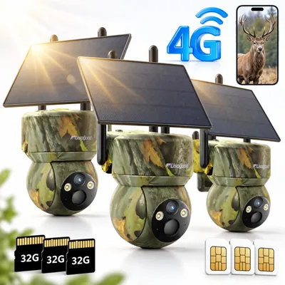 Productafbeelding van Usogood 4G LTE Zonne-energie wildcamera 2K 360° PTZ, mobiele app, wildcamera, SIM-kaart, 32GB kaart, bewegingssensor, nachtzicht, 3 stuks