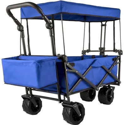 Immagine prodotto di Carrello da giardino pieghevole 92,7 x 54,3 x 98,5 cm - Carrello a mano pieghevole 100 kg - Carrello a mano blu con tetto e pneumatici - Poliestere Oxford 600D - Pieghevole