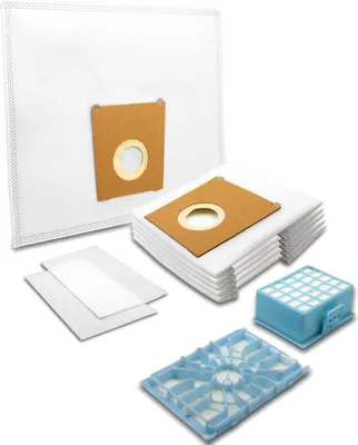 A collection of vacuum cleaner bags and filters are displayed on a white background.