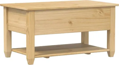 A light brown wooden coffee table with a shelf underneath.