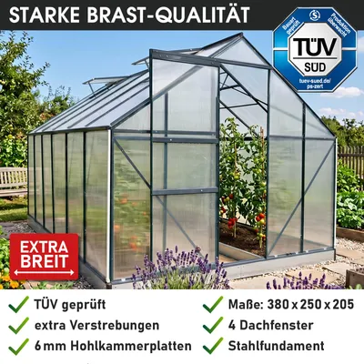 Produktbild von BRAST Gewächshaus Aluminium mit Fundament | 380x250x205cm | 6mm Hohlkammerplatten | rostfrei wetterfest temperaturbeständig | Grau