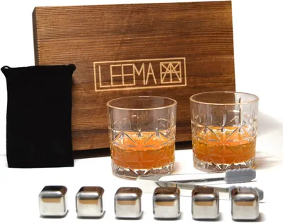 Whiskygläser-Set, 2 Gläser, Holzbox, 6 Kühlsteine, Tasche