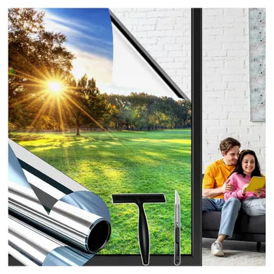 Produktbild von Fensterfolie Spiegelfolie von außen blickdicht, von innen durchsichtig, 44,5 x 200 cm, Sichtschutz, Sonnenschutz, Hitzeschutzfolie, Anti-UV, selbstklebend, einseitige Spiegelfolie Silber