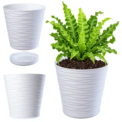 Immagine prodotto di KADAX vaso da fiori con piattino "Greve", vaso da fiori, vaso per piante in plastica, fioriera, rotondo, 21 cm, bianco