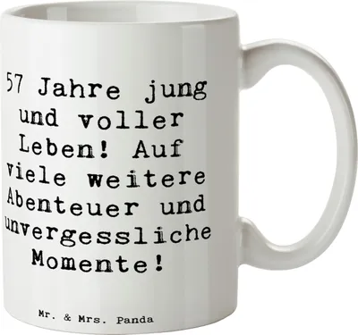 Produktbild von Mr. & Mrs. Panda Kaffeetasse Spruch 57. Geburtstag Jubel - Weiß - Geschenk, kaffeebecher bedruckt, voller Leben, Tasse, Happy Birthday, Geburtstagsgeschenk, Teetasse