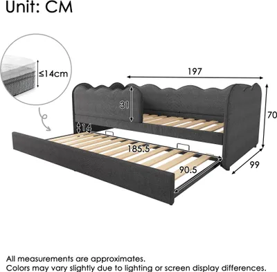 Image de Lit rembourré daybed 90 x 190 cm avec lit gigogne, sommier à lattes, lin, gris