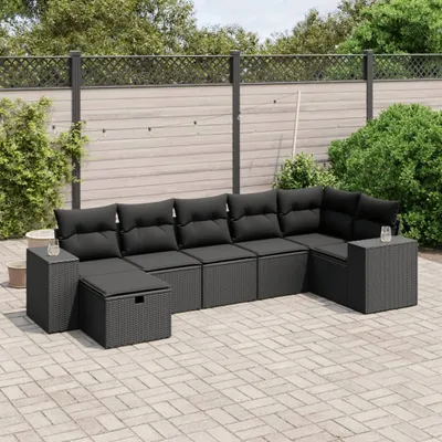 Produktbild von Design 7-tlg. Garten-Sofagarnitur mit Kissen Schwarz Poly Rattan, Gartenmöbel-Sets 2024 Neu