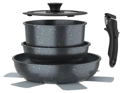 Immagine prodotto di Set di pentole e padelle, con rivestimento antiaderente, maniglie removibili, colore nero