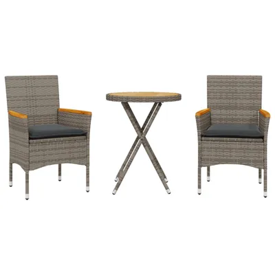Produktbild von 3-tlg. Bistro-Set mit Kissen Grau Poly Rattan & Akazienholz