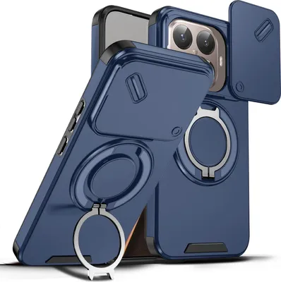 Immagine prodotto di Custodia a doppio strato per Xiaomi 15T Pro, con copertura scorrevole della fotocamera e supporto ad anello magnetico Blu